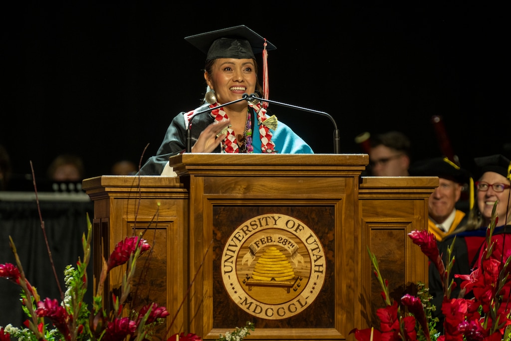 (Rick Egan | The Salt Lake Tribune) Tracie Yellowman Tséyíníítsó gives the student speech during the University of Utah's commencement ceremony at the Jon M. Huntsman Center on Thursday, May 1, 2025.

