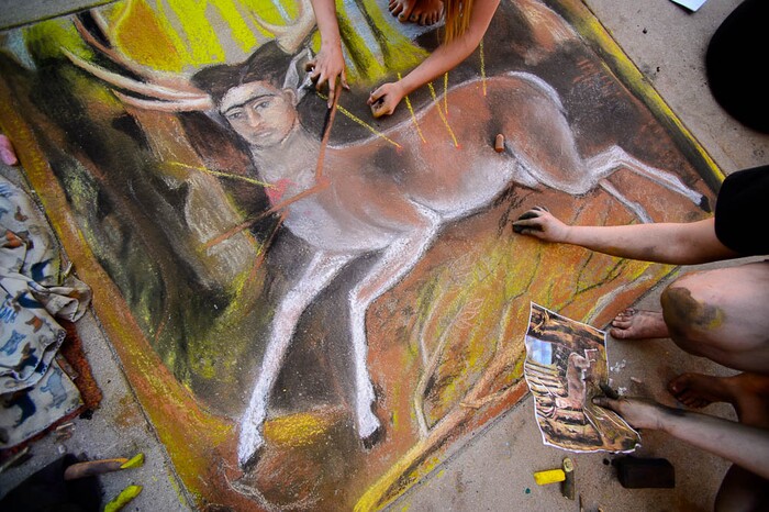 (Trent Nelson | The Salt Lake Tribune)  Alta High School's annual "Chalk the Walk" event, a school tradition since 1985 in which students recreate famous art works in sidewalk chalk. Maguire Wright and Alisha Yockey working on a chalk version of The Wounded Deer by Frida Kahlo, Friday May 25, 2018.