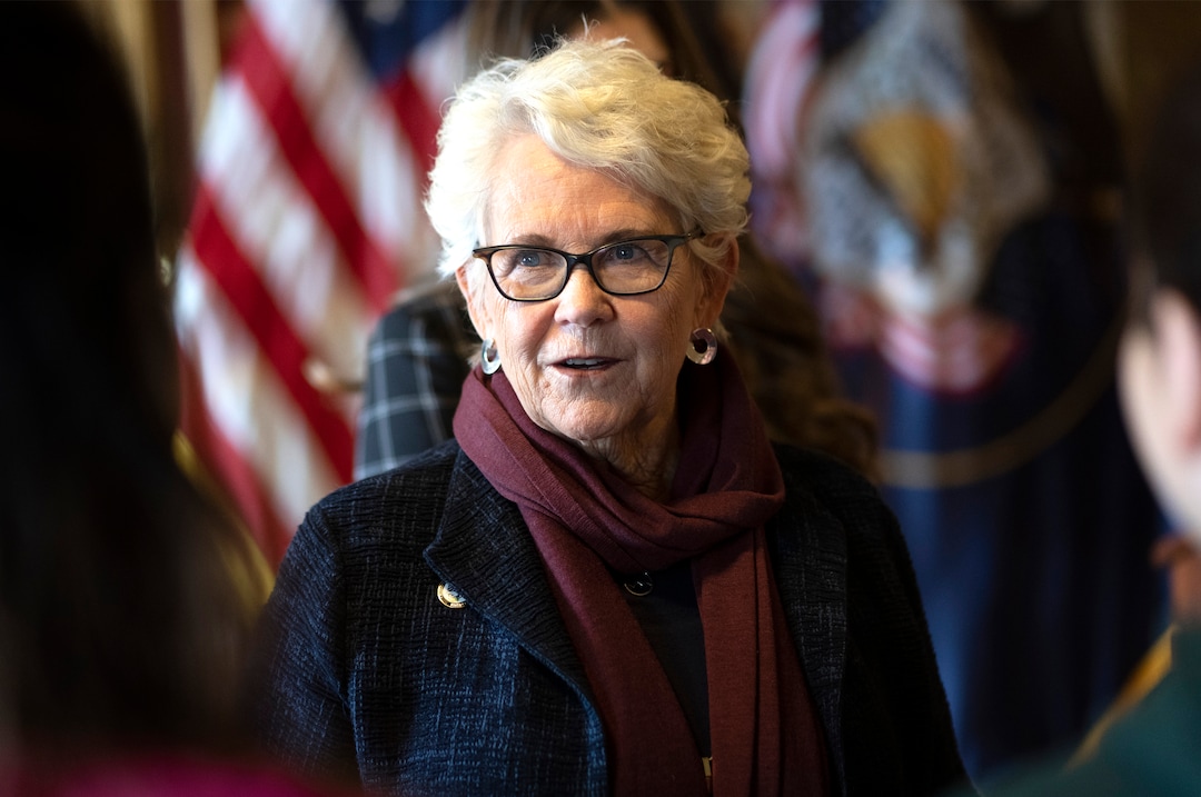 (Rick Egan | The Salt Lake Tribune) Rep. Carol Spackman Moss meets with Afghan refugees in the gold Room at the Capitol, during a news conference for "Afghan Day on the Hill" on Wednesday, Feb. 23, 2022.