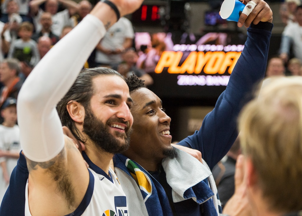 (Rick Egan  |  The Salt Lake Tribune)    Utah Jazz guard Ricky Rubio (3) and Utah Jazz guard Donovan Mitchell (45) celebrate Utah's win over Oklahoma City Thunder in game 4, in Salt Lake City, Monday April 23, 2018.