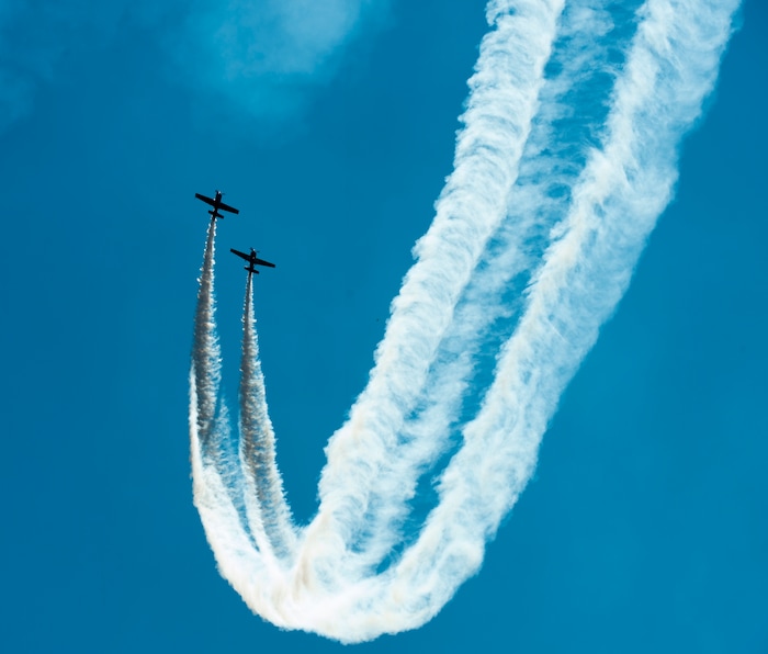 (Rick Egan  |  The Salt Lake Tribune)   Rob Holland and Bill Stein perform at the Warriors Over the Wasatch airshow at Hill Airforce Base, Sunday, June 24, 2018.