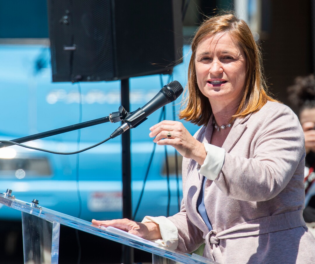 (Rick Egan  |  The Salt Lake Tribune)      Salt Lake City County Mayor, Jenny Wilson says a few words at the ribbon cutting ceremony for the Geraldine E. King Women's Resource Center, one of three new shelters that will replace the Road Home. Friday, June 21, 2019.