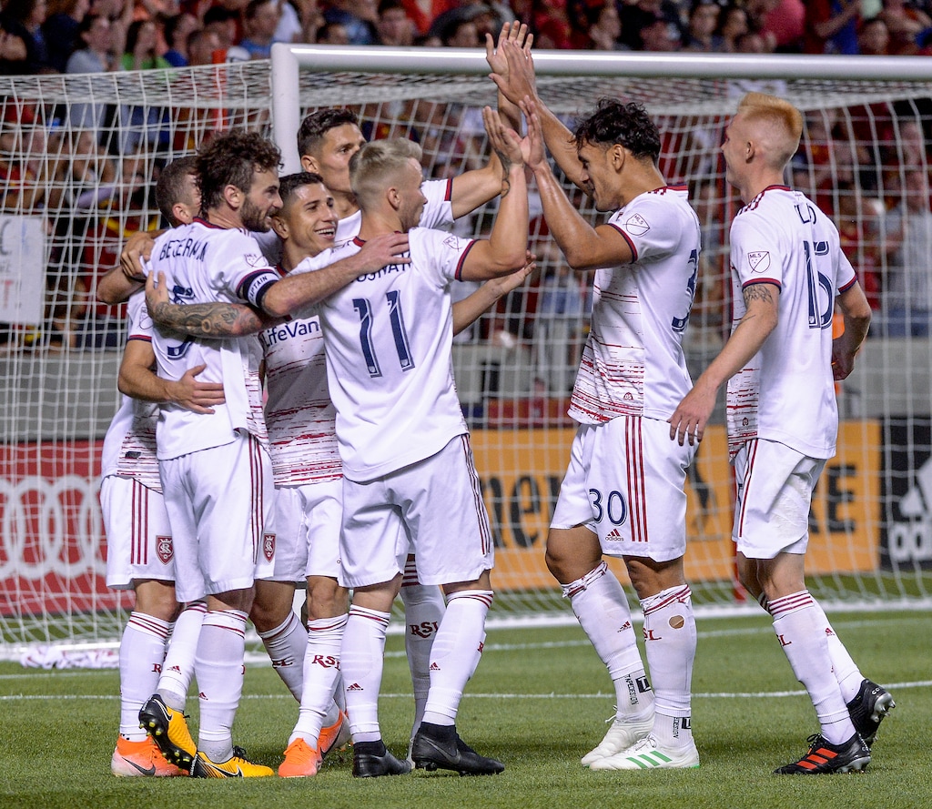 (Leah Hogsten  |  The Salt Lake Tribune) Real Salt Lake forward Jefferson Savarino (7) celebrates his second goal with the team. Real Salt Lake defeated Philadephia Union 4-0 in MLS Soccer at Rio Tinto Stadium in Sandy, Utah on Sat, July 13, 2019.