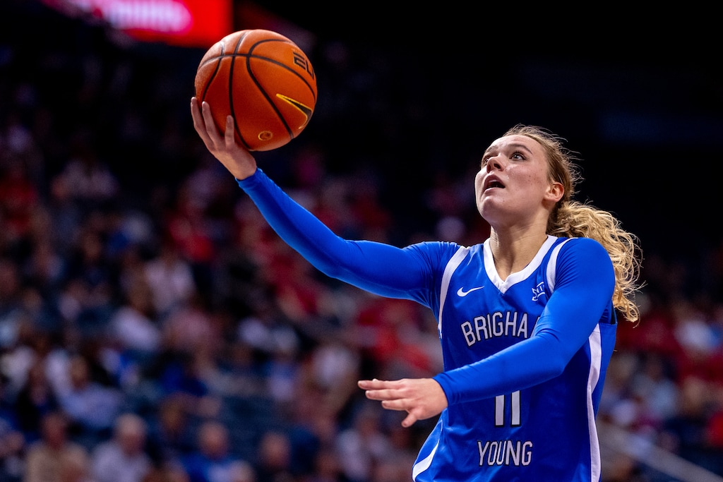 (Trent Nelson  |  The Salt Lake Tribune) BYU guard Delaney Gibb (11) as BYU hosts Utah, NCAA basketball in Provo on Saturday, Jan. 31, 2026.