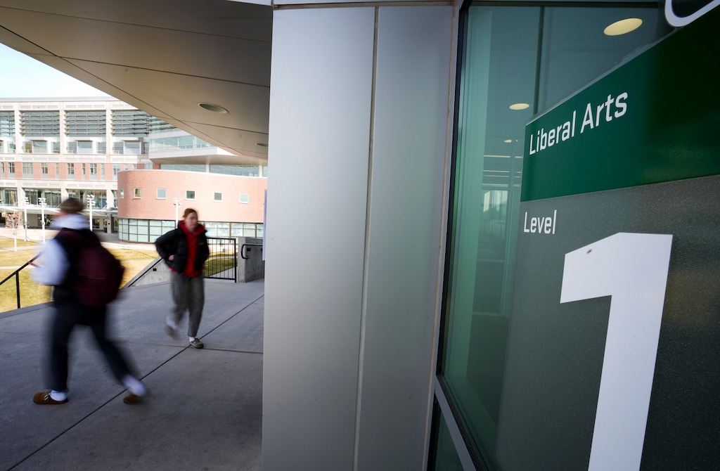 (Bethany Baker  |  The Salt Lake Tribune) Students walk on campus at Utah Valley University in Orem on Wednesday, Dec. 11, 2024.