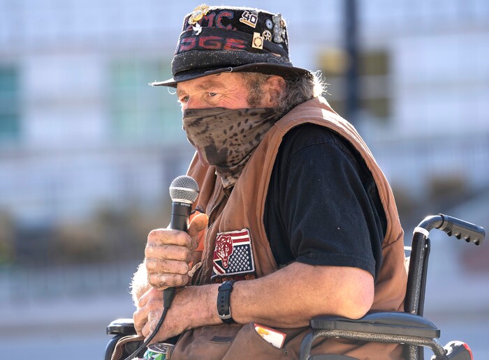 (Rick Egan | The Salt Lake Tribune) A man named Rebel talks about his experience living on the streets, during a rally demanding an end to the policy of violence and terror inflicted on our unsheltered community at the hands of the Salt Lake County Health Department, Salt Lake City, and Salt Lake City Police Department.at Washington Square, on 
Friday, April 2, 2021.