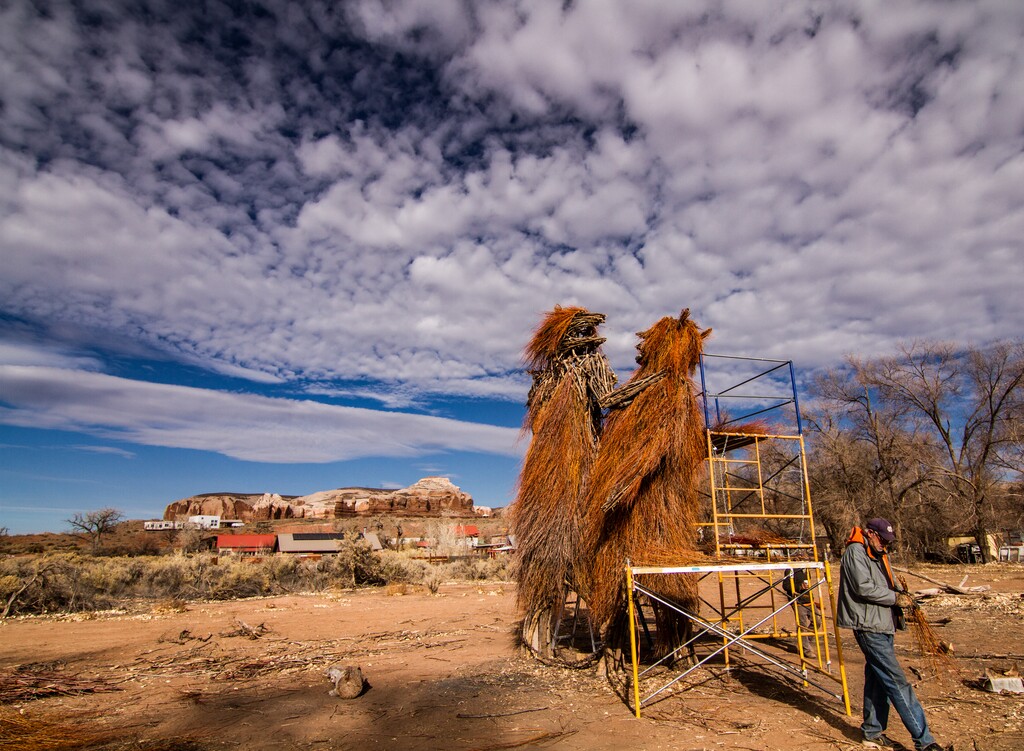 (Photo courtesy of Josh Ewing) In a reference to 2017’s controversy over Bears Ears National Monument, Bluff artist Joe Pachak created a sculpture depicting a Ute Bear Dance for Bluff's annual winter solstice celebration. The 15-foot twin bear effigies will be ignited Thursday night as part of the ceremony.