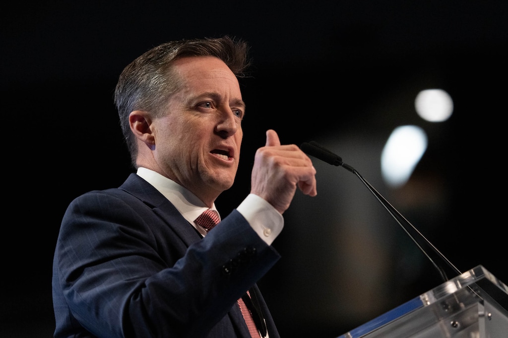 (Francisco Kjolseth | The Salt Lake Tribune) Outgoing Utah Republican Party Chair Derek Brown runs the show during the Utah Republican Party’s 2021 Organizing Convention at the Maverik Center in West Valley City on Saturday, May 1, 2021. Brown is running for Utah attorney general in the 2024.