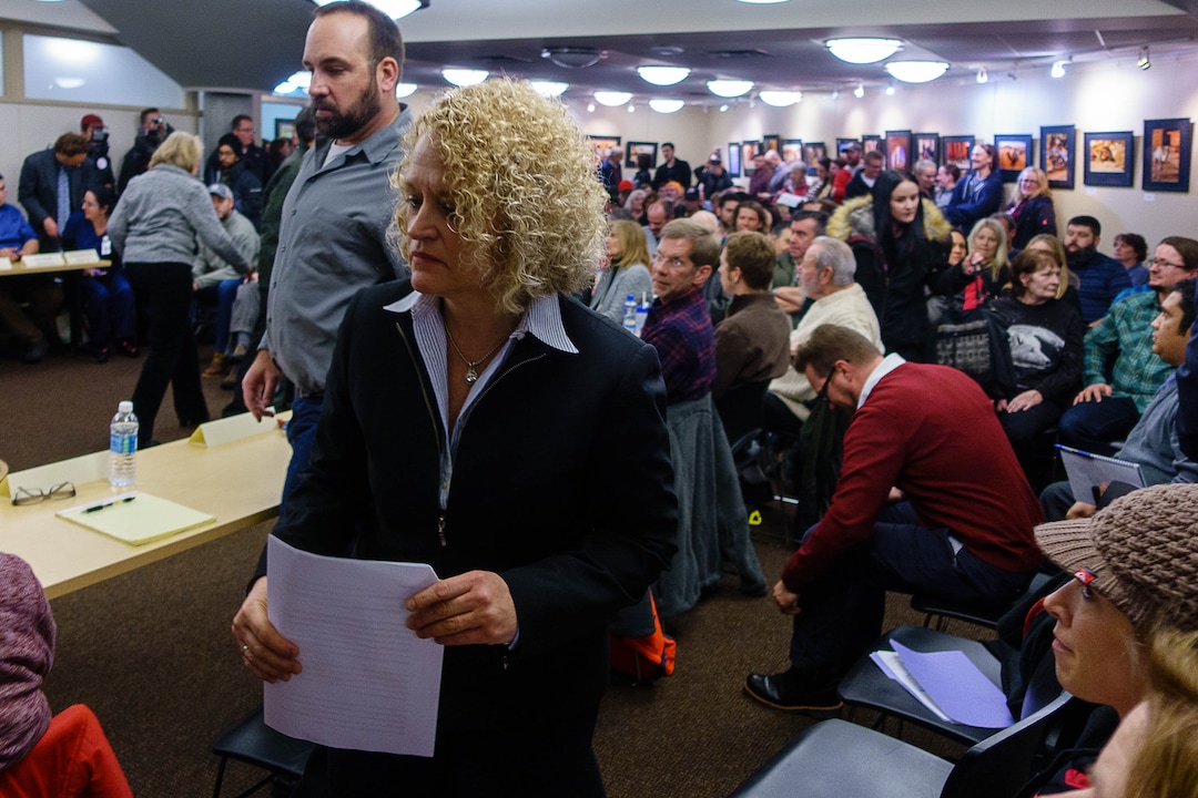 (Trent Nelson  |  Tribune file photo) Salt Lake City Mayor Jackie Biskupski prepares to speak to an overflow crowd and the Sugar House Community Council at the Sprague Library in Salt Lake City on Wednesday, Jan. 4, 2017. The meeting hosted city officials who addressed the proposed shelter at 653 E. Simpson Ave. that Biskupski said Tuesday could conceivably be "rethought," even if the city hasn't changed its mind.