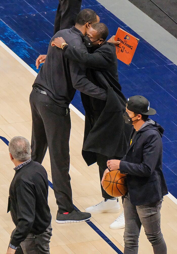 (Leah Hogsten | The Salt Lake Tribune) Utah Jazz basketball team minority owner, former Miami Heat guard and NBA champion Dwyane Wade is greeted by the coaching staff as the Utah Jazz host the Indiana Pacers, April 16, 2021 at the Vivint Arena.