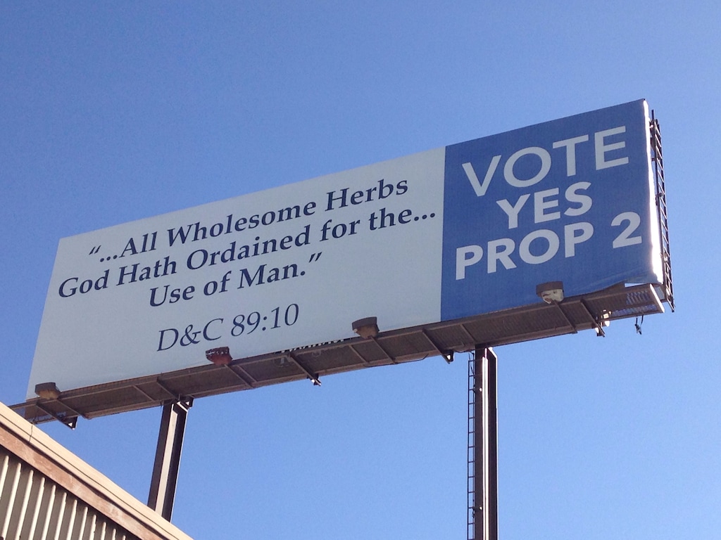 (Lee Davidson|Salt Lake Tribune) A billboard promoting Proposition 2 by quoting the LDS Word of Wisdom appears on the 600 South off ramp of I-15 on Thursday, Sept. 20. It lacked disclosure about who paid for it.