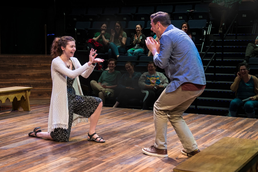 (Photo courtesy Karl Hugh/Utah Shakespeare Festival) An audience member, left, gets into the act with star Michael Doherty in the Utah Shakespeare Festival production of “Every Brilliant Thing.”