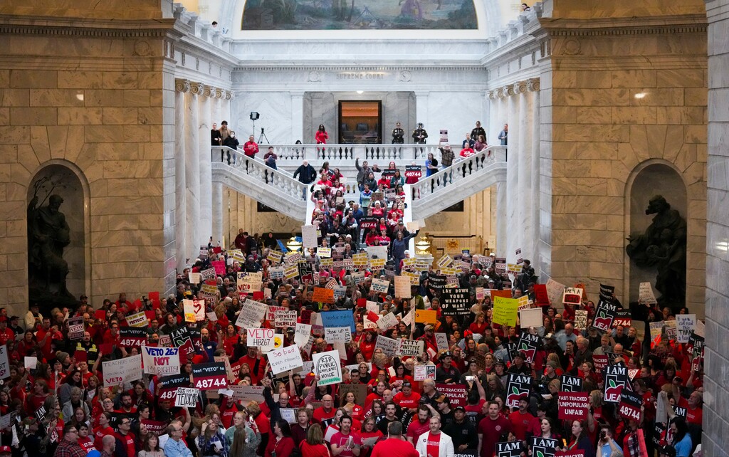 (Bethany Baker  |  The Salt Lake Tribune) Union supporters gather during a protest against HB267 at the Utah Capitol in Salt Lake City on Friday, Feb. 7, 2025.