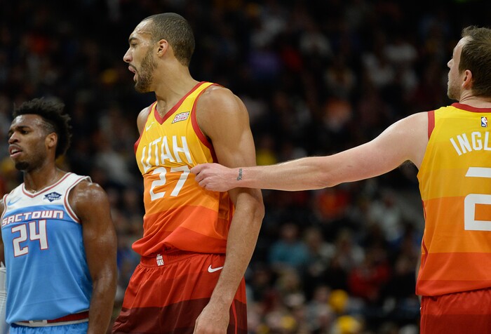 (Francisco Kjolseth  |  The Salt Lake Tribune)  Utah Jazz center Rudy Gobert (27) argues a call as Utah Jazz forward Joe Ingles (2) pulls him in to talk while competing against the Kings in the NBA game at Vivint Smart Home Arena Wed., Nov. 21, 2018, in Salt Lake City.