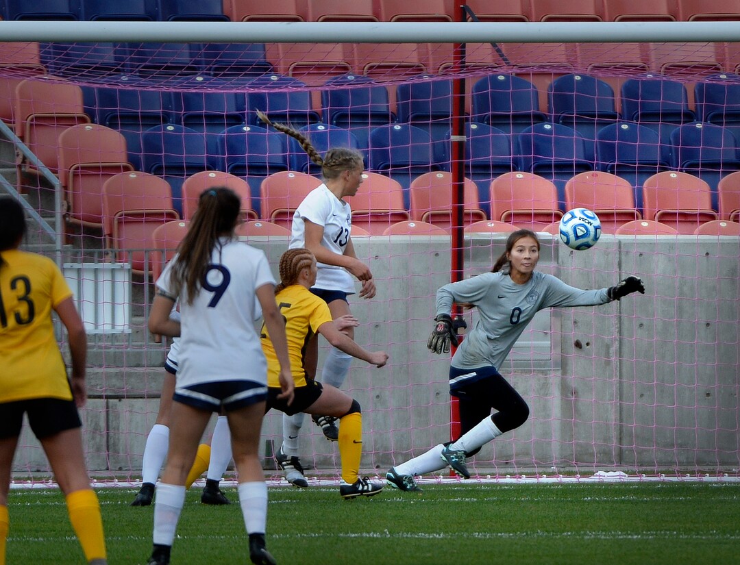 (Scott Sommerdorf   |  The Salt Lake Tribune)   Timpanogos goalkeeper Mia Barlow makes a save during first half play. Maple Mountain won the shootout period after double overtime to win the 5A championship game over Timpanogos, Friday, October 20, 2017. 