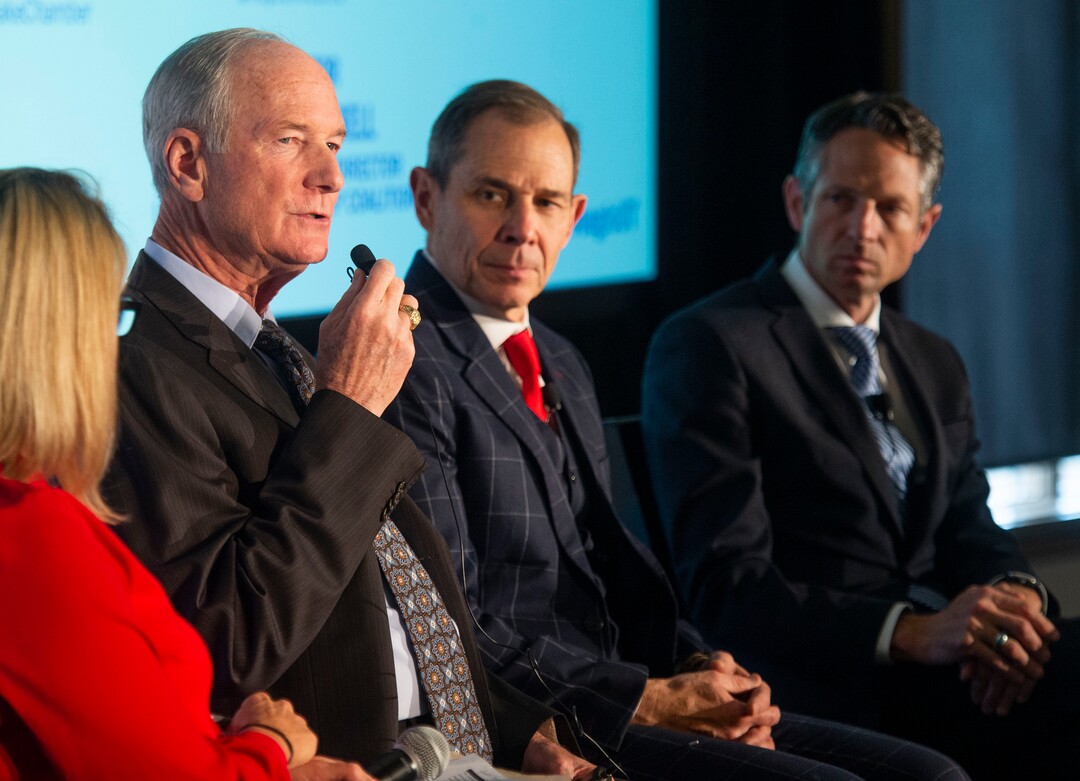 (Rick Egan  |  The Salt Lake Tribune)      Vice Admiral Dick Gallagher U.S. Navy (ret.) makes a comment as Congressman John Curtis and Derek Miller, President and CEO of Salt Lake Chamber, listen, during a forum on how American aid strengthens national security and creates opportunities for Utah businesses, sponsored by the U.S. Global Leadership Coalition, at Thanksgiving Point, Friday, April 5, 2019.