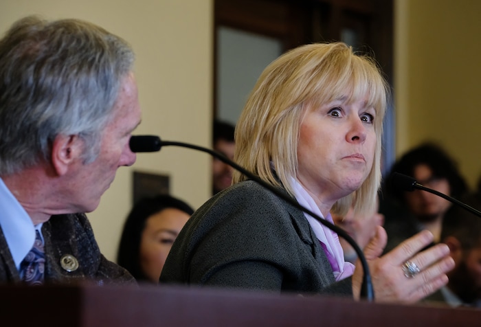 (Francisco Kjolseth  |  The Salt Lake Tribune)  Terryl Warner, director of victim services for the Cache County Attorney's Office, expresses her opposition to HB379 during a hearing before the House Criminal Justice and Law Enforcement Committee at the Capitol on Wednesday, Feb. 21, 2018. The bill would abolish the death penalty. 