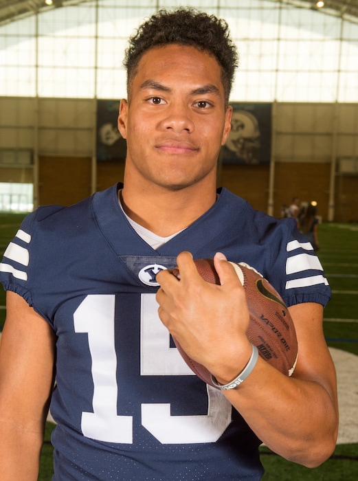 (Rick Egan  |  The Salt Lake Tribune)     BYU wide receiver Aleva Hifo (15). Wednesday, Aug. 8, 2018.