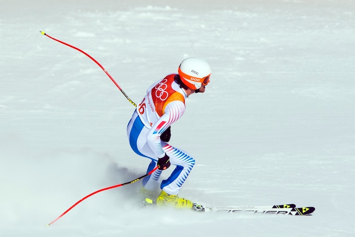 (Chris Detrick  |  The Salt Lake Tribune)  USA's Bryce Bennett competes in the Men's Alpine Combined at Jeongseon Alpine Centre during the Pyeongchang 2018 Winter Olympics Tuesday, February 13, 2018.  Bennett finished the downhill section in 23rd place with a time of 1:21.18.