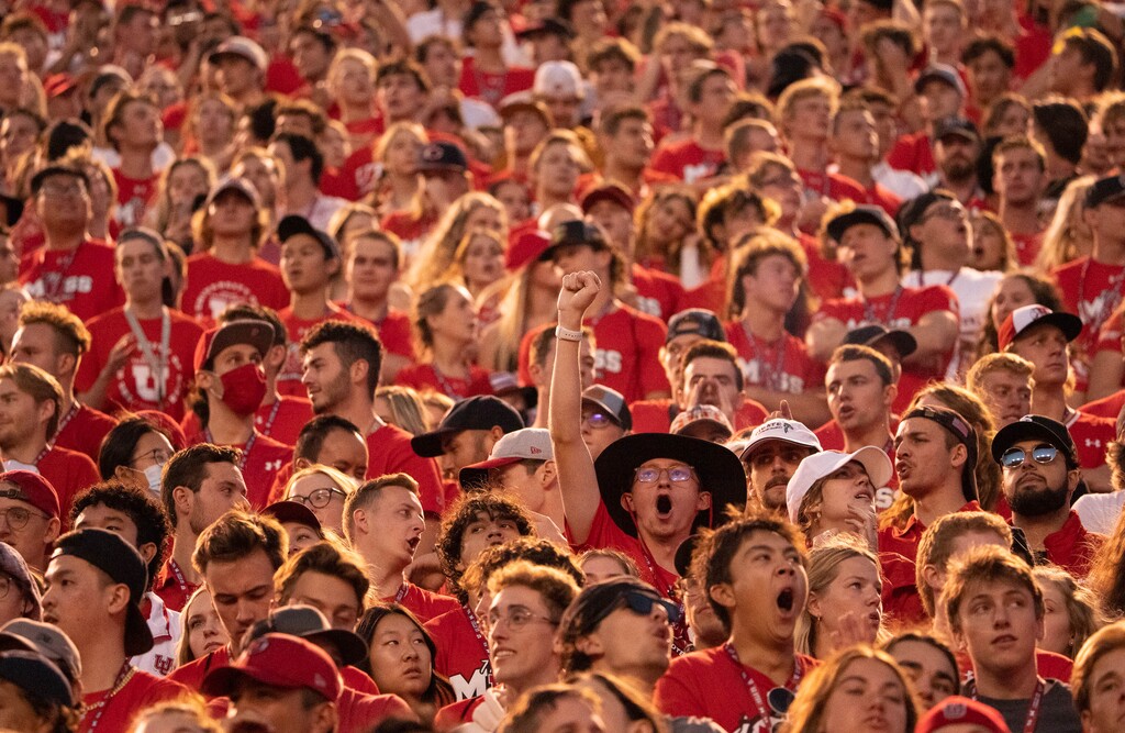 (Francisco Kjolseth | The Salt Lake Tribune) Utah fans in the MUSS cheer on the PAC-12 football game between the University of Utah and Weber State at Rice-Eccles Stadium on Thursday, Sept. 2, 2021.