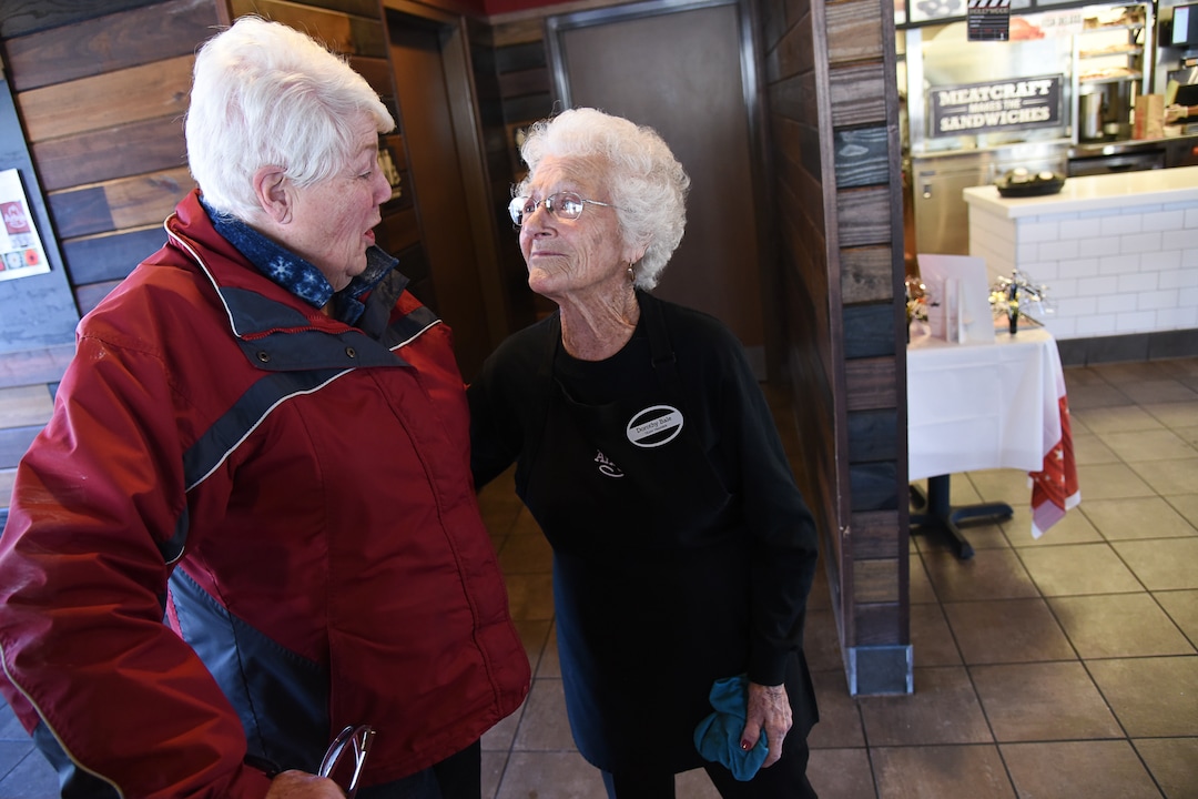 (Francisco Kjolseth  |  The Salt Lake Tribune)  Spotting her car in the parking lot as an indication that her friend was working, Sharon Grover, left, stops in for a frosty drink and to say hi to Dorothy Bale who has been working at the same Arby's at at 2284 E. 3900 South in Salt Lake for 25 years. Bale, 94-years-old has no plans to retire from the job she started when she was 69.