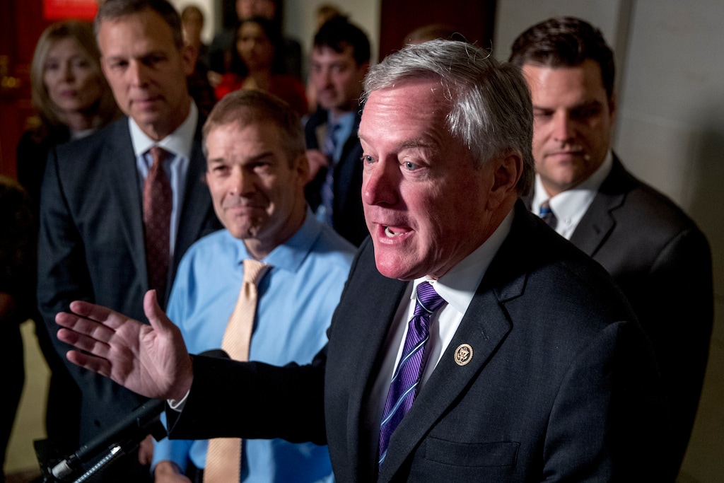 (Andrew Harnik | AP) Republican lawmakers, from left, Rep. Scott Perry, R-Pa., Rep. Jim Jordan, R-Ohio, ranking member of the Committee on Oversight Reform, Rep. Mark Meadows, R-N.C., and Rep. Matt Gaetz, R-Fla., speak to reporters after a formerly planned joint committee deposition with Ambassador Gordon Sondland, with the transcript to be part of the impeachment inquiry into President Donald Trump, was canceled by order of the Trump Administration, on Capitol Hill in Washington, Tuesday, Oct. 8, 2019.