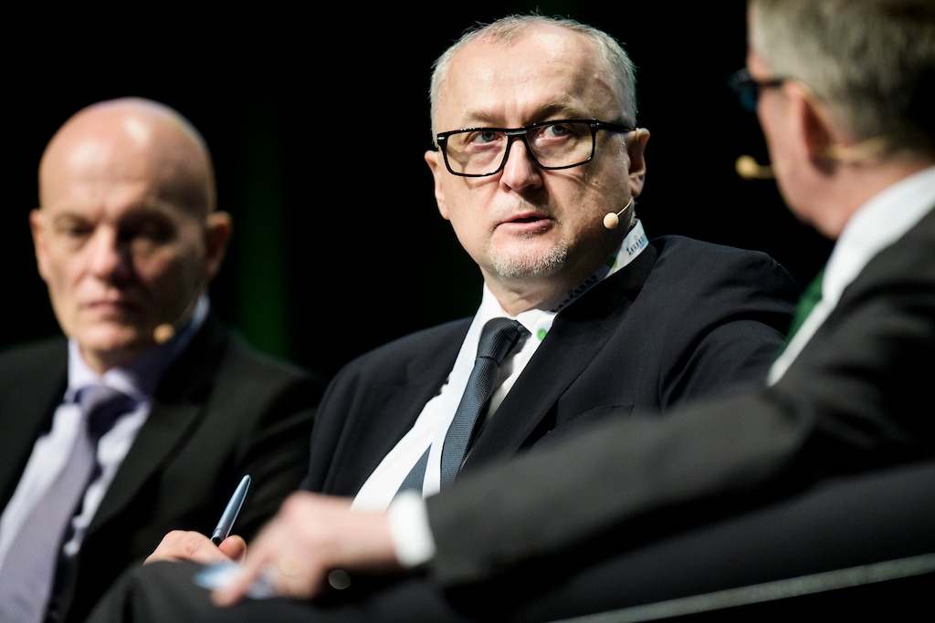Yuri Ganus, right, Director General of Russian National Anti-doping Agency RUSADA, speaks next to Guenter Younger, left, Director of Intelligence and Investigations for the World Anti-Doping Agency WADA, during the opening day of the 2018 WADA annual symposium, at the Swiss Tech Convention Center, in Lausanne, Switzerland, on Wednesday March 21, 2018. (Jean-Christophe Bott/Keystone via AP)