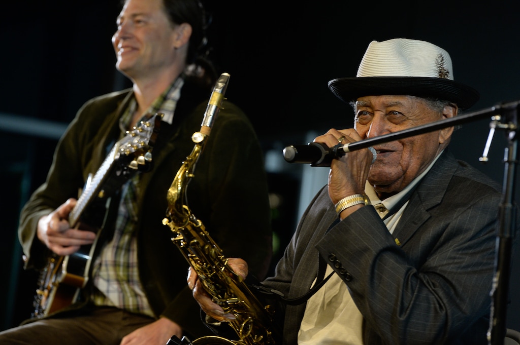 Francisco Kjolseth | The Salt Lake Tribune
Jazz saxophonist and civil rights activist Joe McQueen, now 97 years old, has been revitalized by the addition of some younger members to his band. The Joe McQueen Quartet plays the first of three shows in five nights, starting with a concert at the Gallivan Center in Salt Lake City on Thursday night, March 30, 2017. Included in the band are Ryan Conger on Hammond B3 organ, Brad Wright on guitar, and Don Keipp on drums.