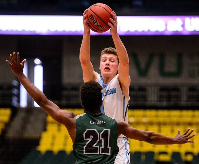 (Trent Nelson | The Salt Lake Tribune)  Payson vs. Sky View, 4A State high school basketball tournament at Utah Valley University in Orem, Thursday March 1, 2018. Sky View's Mason Falslev (1) defended by Payson's Conner Bateman (21).