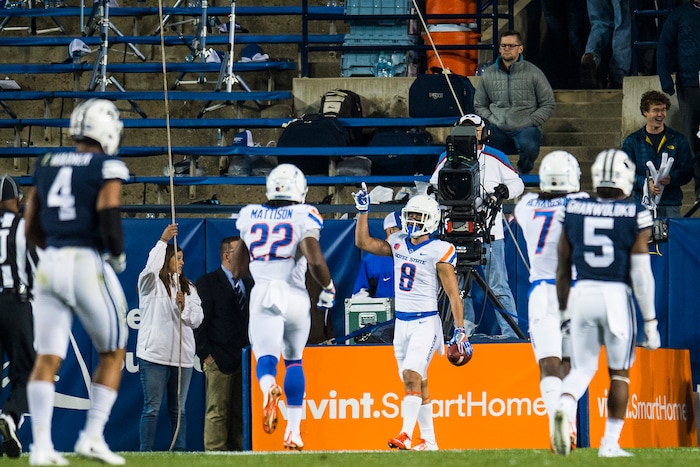(Chris Detrick  |  The Salt Lake Tribune)  Boise State Broncos wide receiver Sean Modster (8) celebrates after scoring a touchdown during the game LaVell Edwards Stadium Friday, October 6, 2017. 