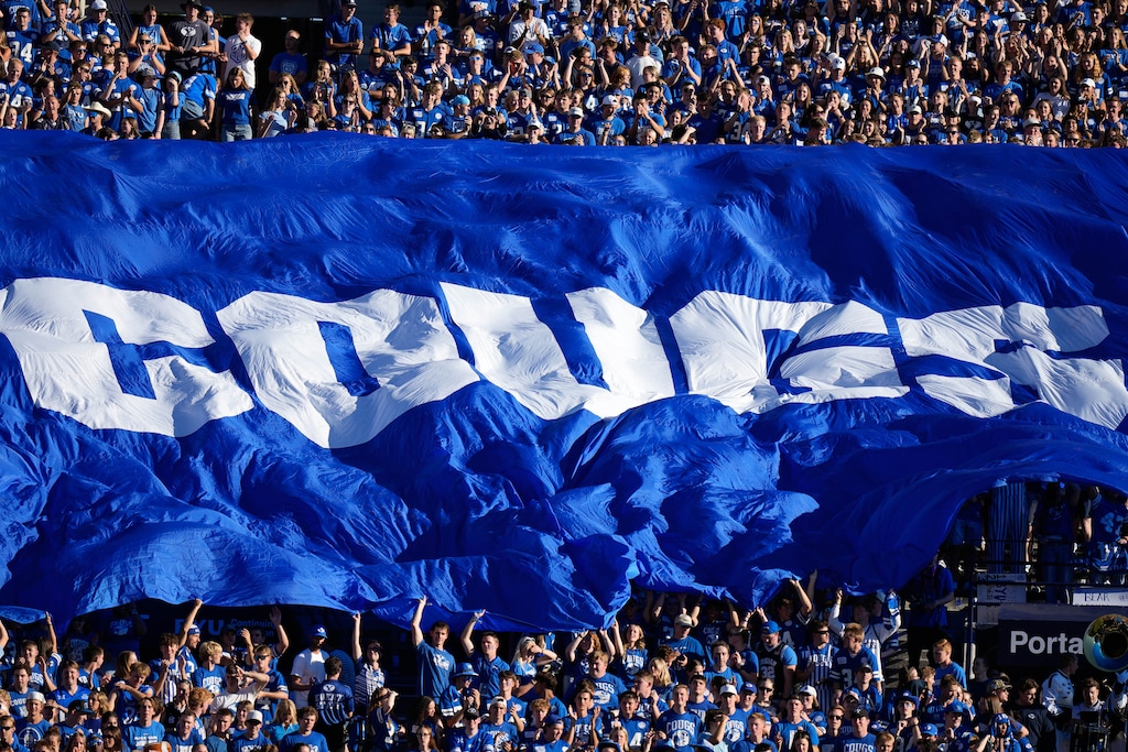 (Francisco Kjolseth | The Salt Lake Tribune) The BYU student section erupts for the start of the game against Utah Tech, Saturday, Sept. 5, 2026, at LaVell Edwards Stadium in Provo.