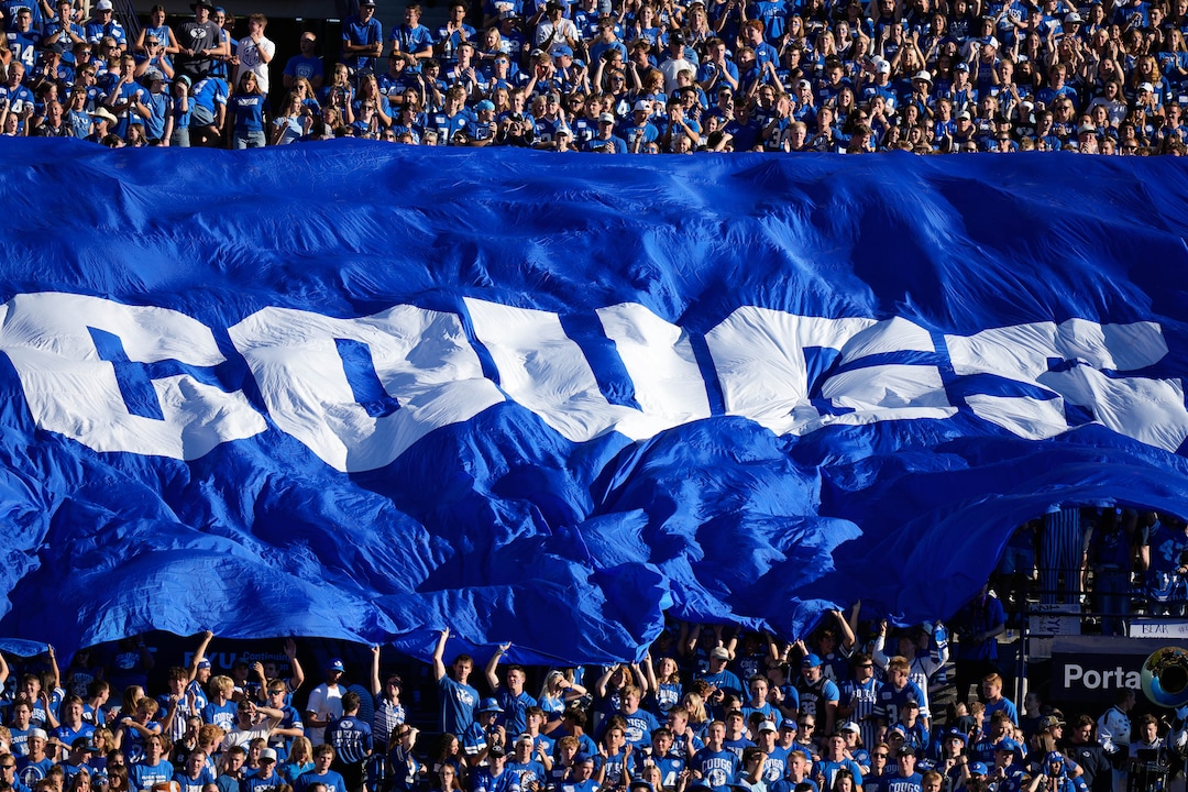 (Francisco Kjolseth | The Salt Lake Tribune) The BYU student section erupts for the start of the game against Utah Tech, Saturday, Sept. 5, 2026, at LaVell Edwards Stadium in Provo.