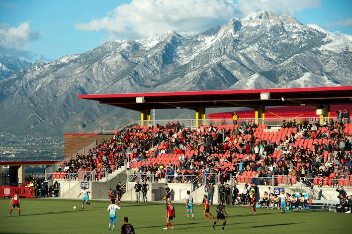 (Rick Egan  |  The Salt Lake Tribune)      The Real Monarchs play the Las Vegas Lights FC at the new Zions Bank Stadium in, Herriman, Monday, April 30, 2018.


