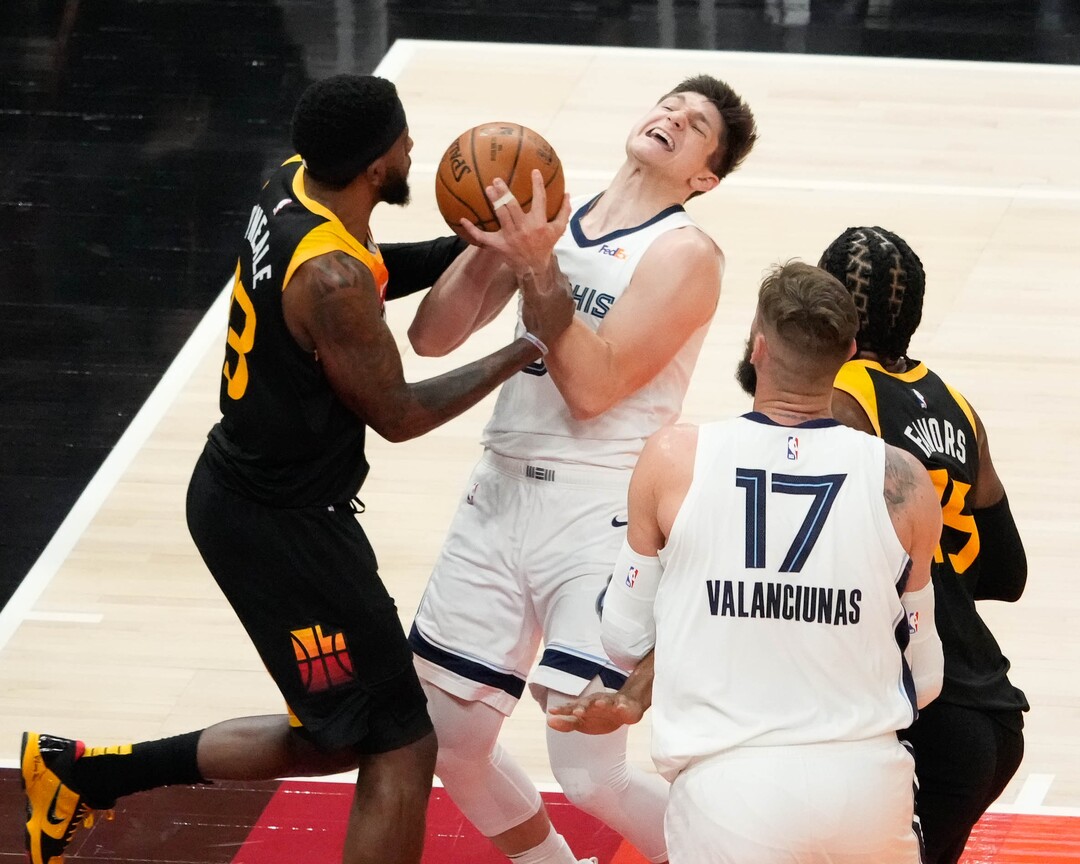 (Francisco Kjolseth | The Salt Lake Tribune) Utah Jazz forward Royce O'Neale (23) puts the pressure on Memphis Grizzlies guard Grayson Allen (3) in the first half of Game 5 of an NBA basketball first-round playoff series Wednesday, June 2, 2021, in Salt Lake City, UT.
