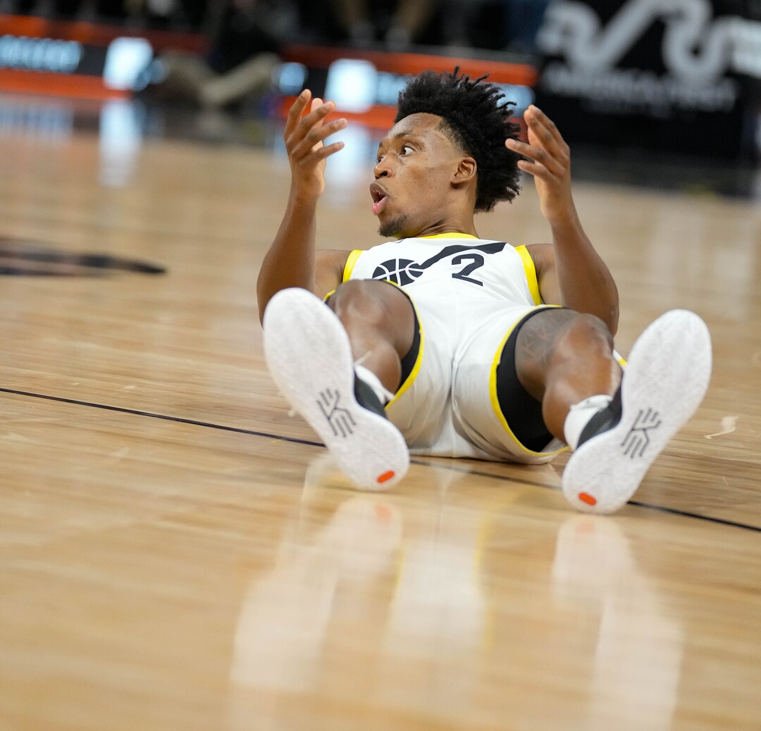 (Francisco Kjolseth  |  The Salt Lake Tribune) Utah Jazz guard Collin Sexton (2) goes down as the Utah Jazz host the Cleveland Cavaliers in NBA action at the Delta Center in Salt Lake City on Tuesday, April 2, 2024.