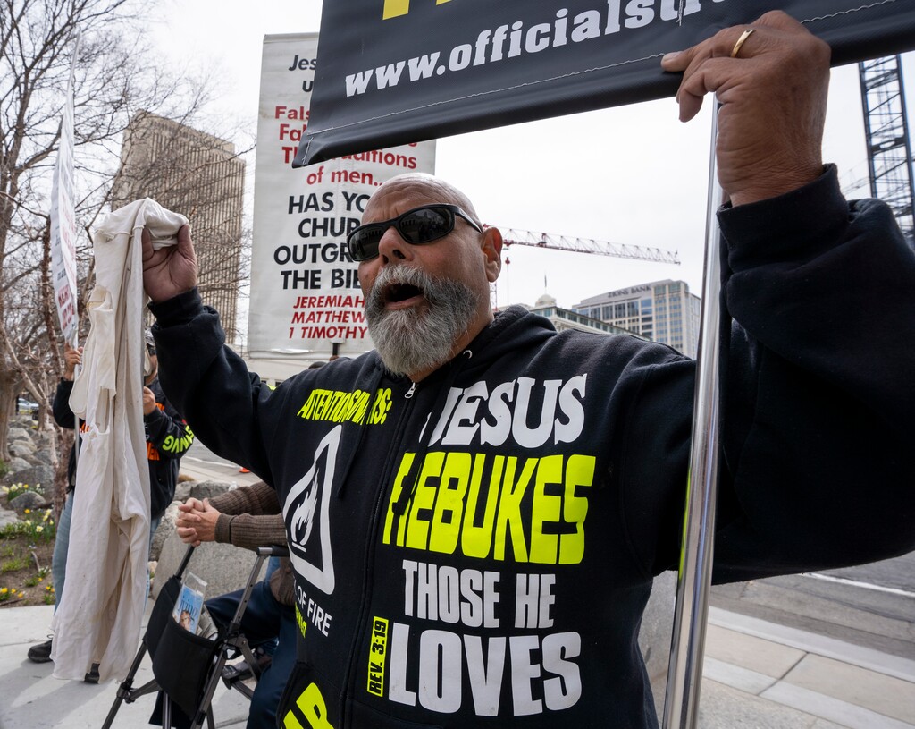 (Rick Egan | The Salt Lake Tribune) A protester lets his voice and views be heard before a General Conference session in April 2022 in downtown Salt Lake City.