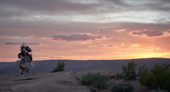 (Image courtesy Parfums Christian Dior)
Dancer Canku One Star, a member of the Rosebud Sioux tribe, performs in a commercial for Christian Dior's men's fragrance Sauvage, filmed in southeast Utah.