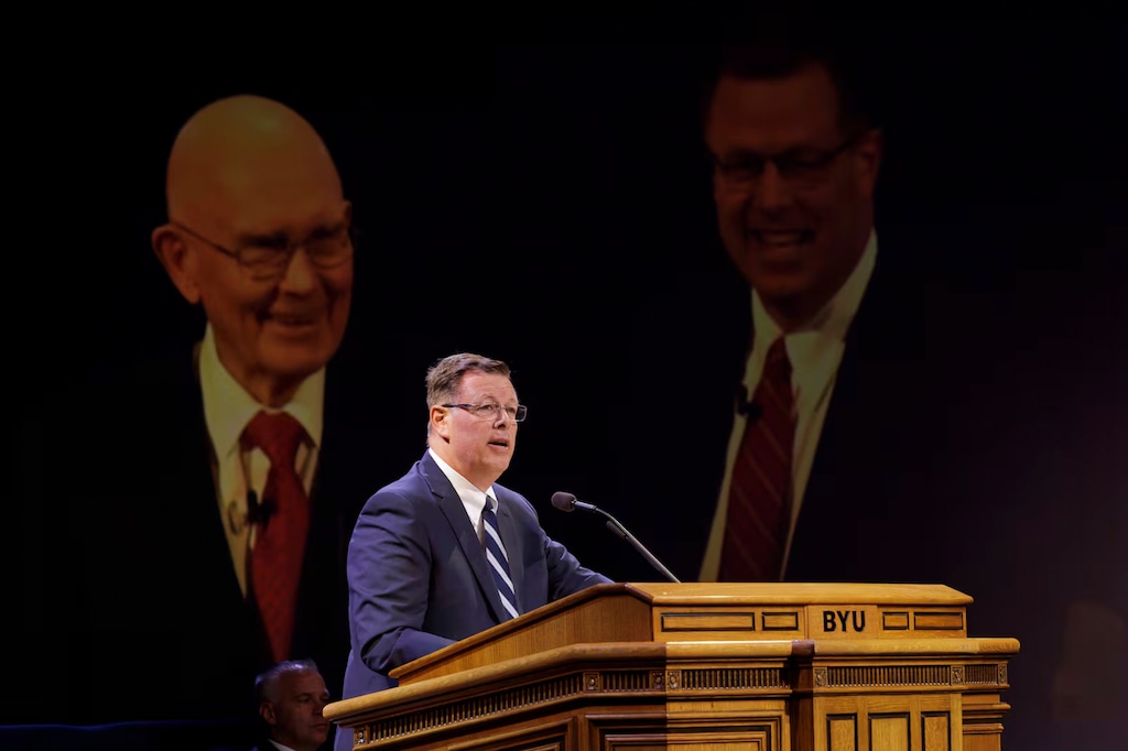 (BYU Photo) Clark G. Gilbert, church commissioner of education, speaks at the opening session of the 2025 BYU University Conference in the Marriott Center in Provo on Monday, Aug. 25, 2025.