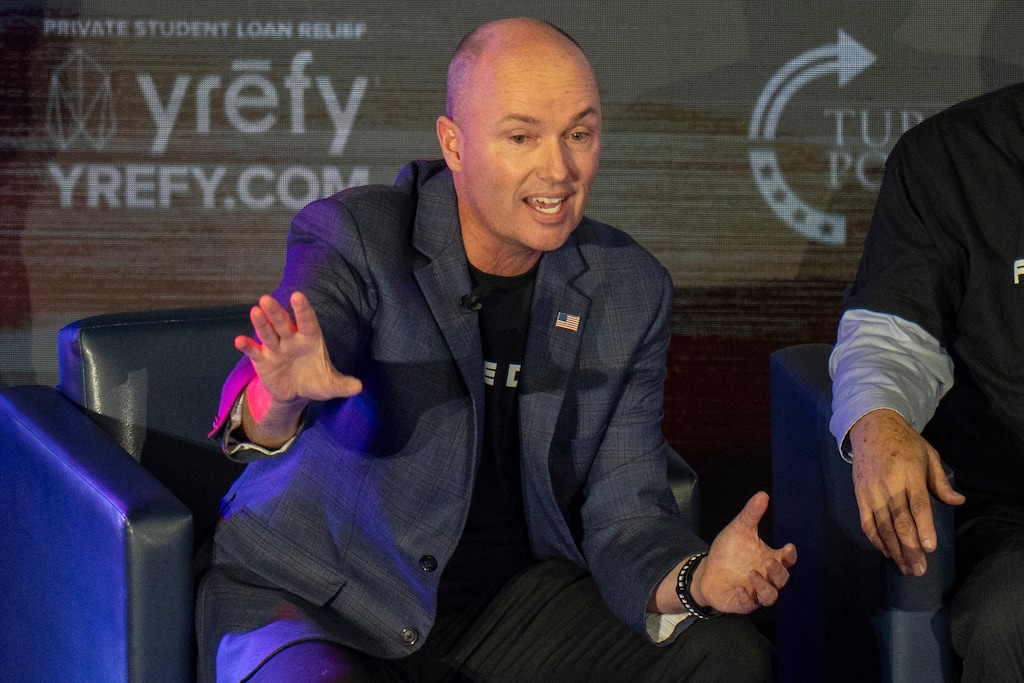 (Rick Egan | The Salt Lake Tribune) Gov. Spencer Cox says a few words at the Turning Point event Glen Smith Spectrum Arena, in Logan on Tuesday, Sept. 30, 2025.