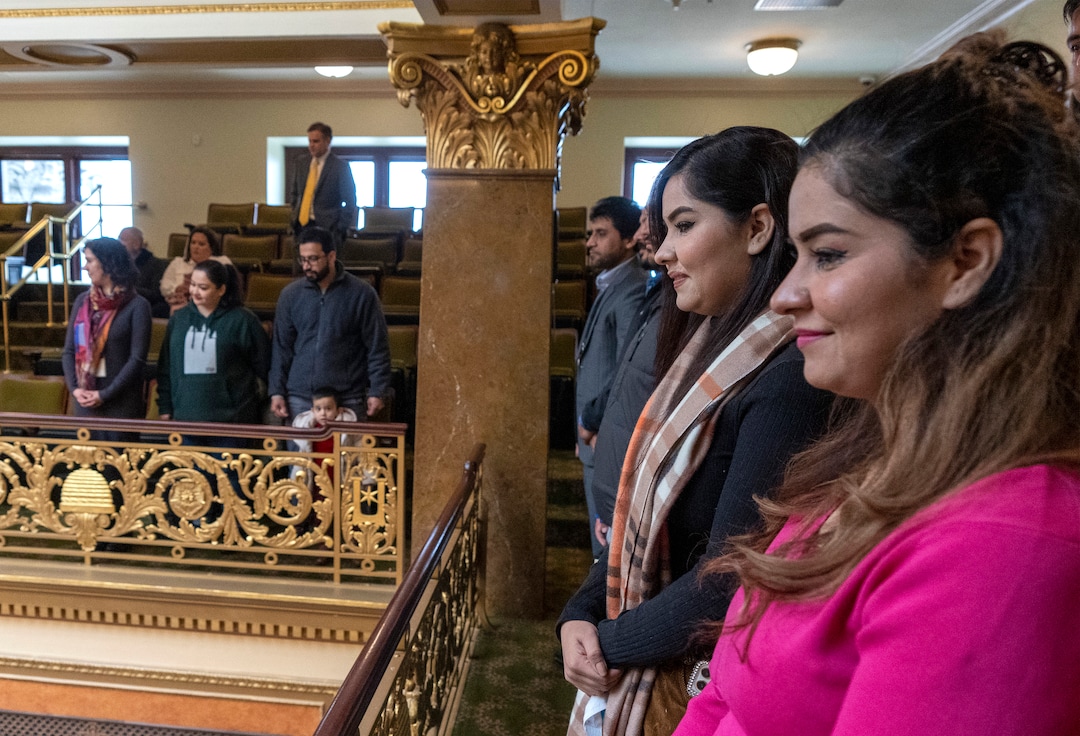 (Rick Egan | The Salt Lake Tribune)  Afghan refugees stand in the gallery of the House of Representatives, as they are introduced by Carol Spackman Moss, during "Afghan Day on the Hill" on Wednesday, Feb. 23, 2022.