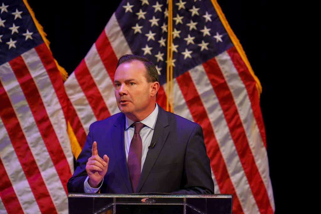 (Trent Nelson  |  The Salt Lake Tribune) Sen. Mike Lee at the Republican Senate primary debate in Draper on Wednesday, June 1, 2022.