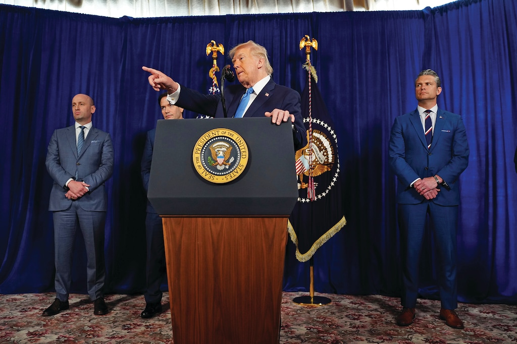 President Donald Trump speaks to reporters at Mar-a-Lago, his private club and residence in Palm Beach, Fla., on Saturday, Jan. 3, 2026. He is joined by, from left: Stephen Miller, the deputy White House chief of staff; Secretary of State Marco Rubio; and Defense Secretary Pete Hegseth. (Tierney L. Cross/The New York Times)