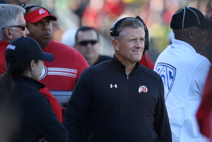 Utah head coach Kyle Whittingham walks the sidelines during their NCAA college football game against Oregon Saturday, Oct. 28, 2017, in Eugene, Ore. (AP Photo/Chris Pietsch)