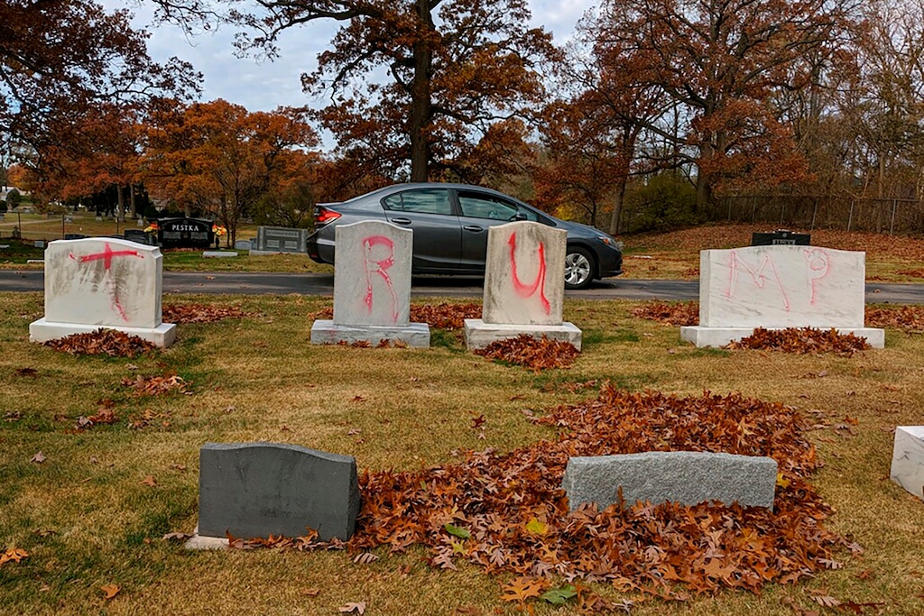 (Ed Miller | Anti-Defamation League Michigan via AP)
This photo provided by the Anti-Defamation League Michigan shows headstones at a Jewish cemetery in Grand Rapids, Mich., spray-painted with "TRUMP" and "MAGA" before President Donald Trump held his final campaign rally in the western Michigan city, Monday, Nov. 2, 2020.