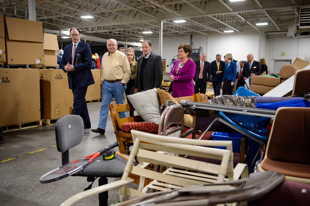 (Trent Nelson  |  The Salt Lake Tribune)  
Agriculture Secretary Sonny Perdue on a tour of Welfare Square in Salt Lake City on Wednesday, May 22, 2019. From left, Bishop W. Christopher Waddell, Perdue, Gov. Gary Herbert, and Jeanette Herbert.