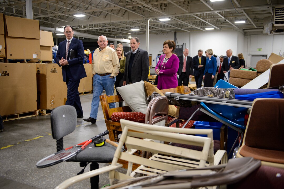 (Trent Nelson  |  The Salt Lake Tribune)  Agriculture Secretary Sonny Perdue on a tour of Welfare Square in Salt Lake City on Wednesday May 22, 2019. From left, Bishop W. Christopher Waddell, Perdue, Gov. Gary Herbert, and Jeanette Herbert.