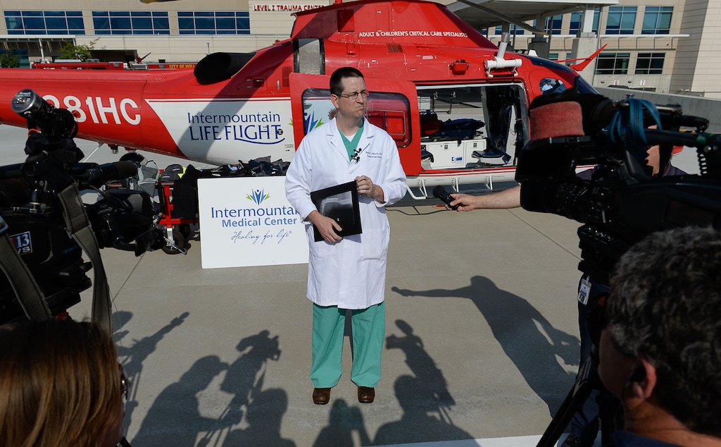 (Francisco Kjolseth | The Salt Lake Tribune) Intermountain Medical Center Trauma surgeon David Morris holds X-ray images of motorcycle crash victims injuries to demonstrate the lifesaving difference safety gear can make in preventing fatal injuries. Intermountain Medical CenterÕs Level I Trauma Program and Harrison Eurosports are encouraging motorcycle riders to wear proper safety gear. To date in Utah, there have been 19 motorcyclist deaths this year.