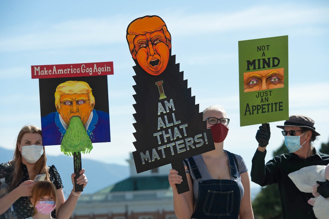 (Francisco Kjolseth  |  The Salt Lake Tribune) Demonstrators gather in Salt Lake City, uniting with Women’s March rallies happening in Washington D.C. and around the country on Saturday, Oct. 17, 2020, to signal their opposition to President Donald Trump and his agenda, including his push to fill the seat of late Supreme Court Justice Ruth Bader Ginsburg before election day.