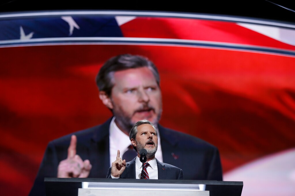 FILE - In this Thursday, July 21, 2016 file photo, Jerry Falwell Jr., president of Liberty University, speaks during the final day of the Republican National Convention in Cleveland. (AP Photo/Carolyn Kaster)