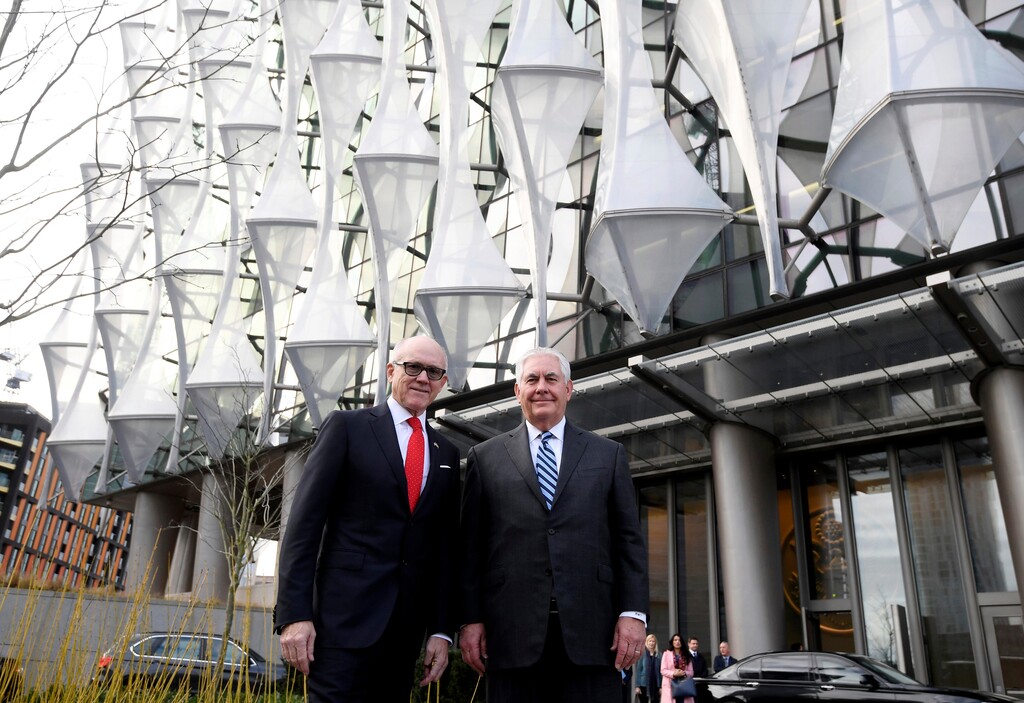 (Toby Melville | The Associated Press) U.S. Secretary of State Rex Tillerson, right, and Woody Johnson, U.S. ambassador to Britain stand outside the new U.S. embassy in London, Monday Jan. 22, 2018. Secretary of State Rex Tillerson has become the highest-ranking U.S. official to visit the new American embassy in London, a building that President Donald Trump derided for its cost and location.